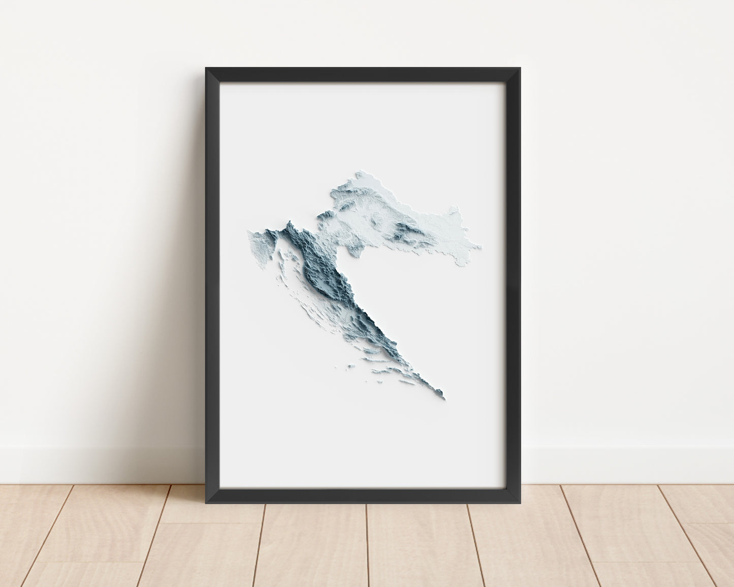 A minimalist relief map of Croatia in a frame made out of pine wood. Topographic map poster for travel and geography fans.