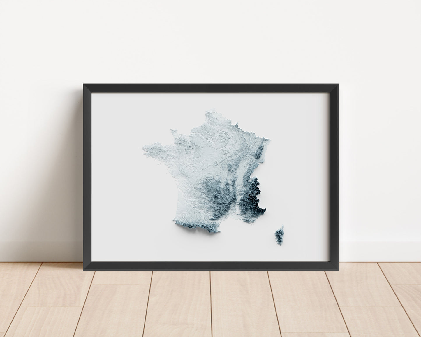 A minimalist relief map of France in a frame made out of pine wood. Topographic map poster for travel and geography fans.