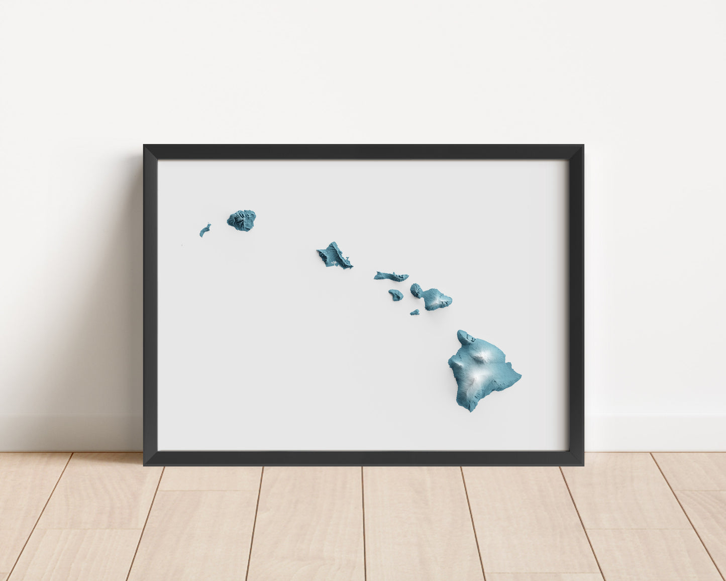 A minimalist relief map of the US State of Hawaii in frame made out of pine wood. Topographic map poster for travel and geography fans.