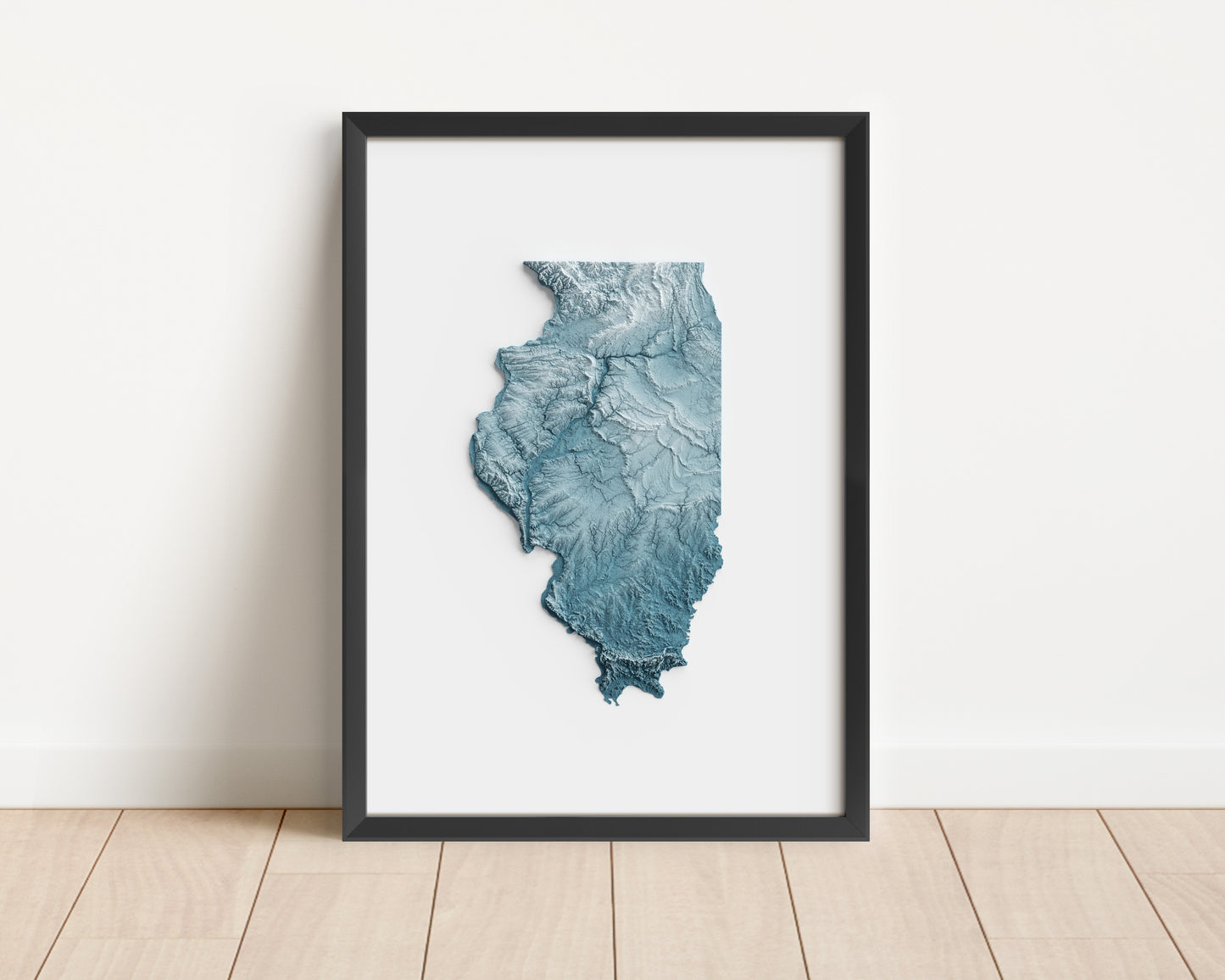 A minimalist relief map of the US State of Illinois in a frame made out of pine wood. Topographic map poster for travel and geography fans.
