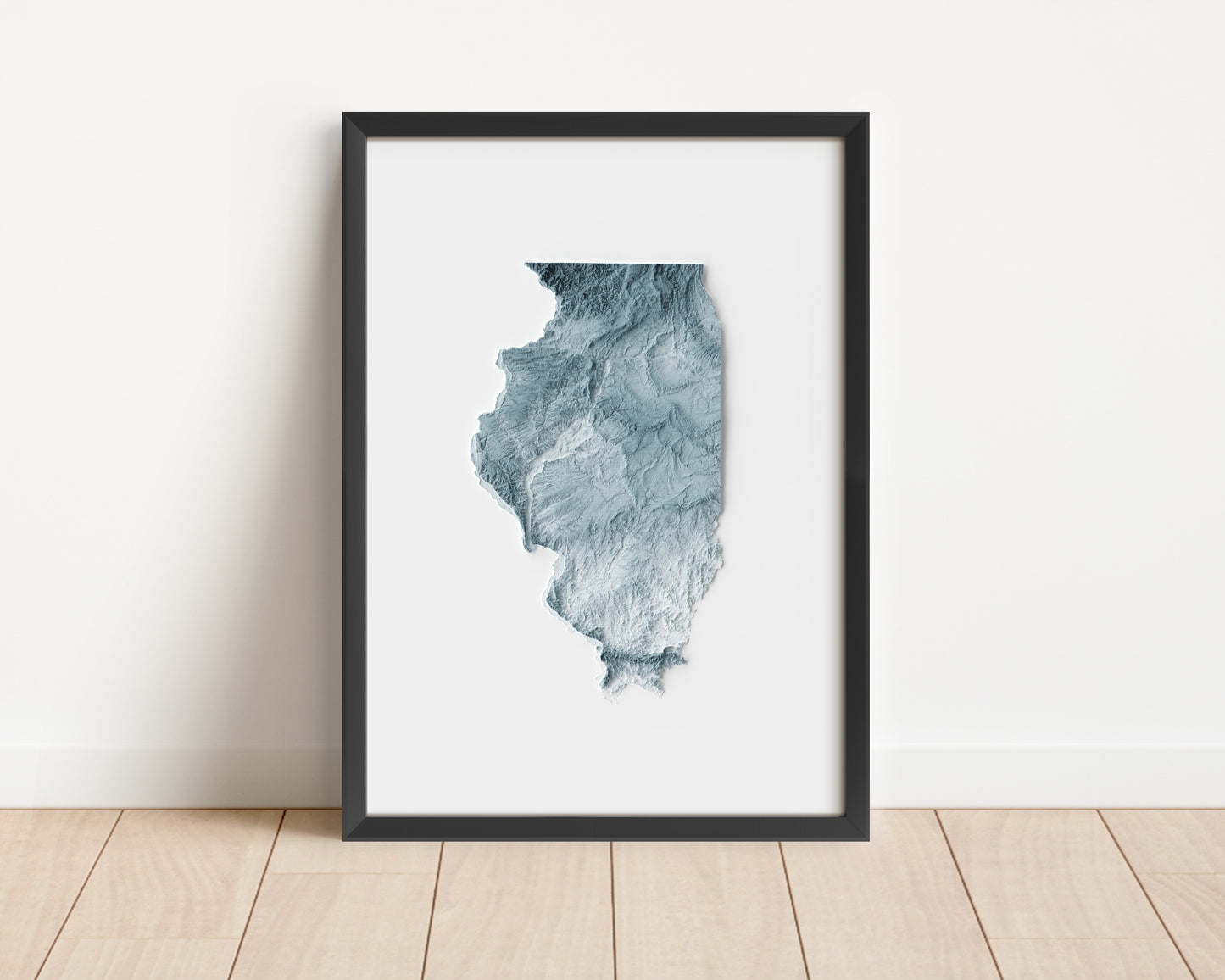 A minimalist relief map of the US State of Illinois in a frame made out of pine wood. Topographic map poster for travel and geography fans.