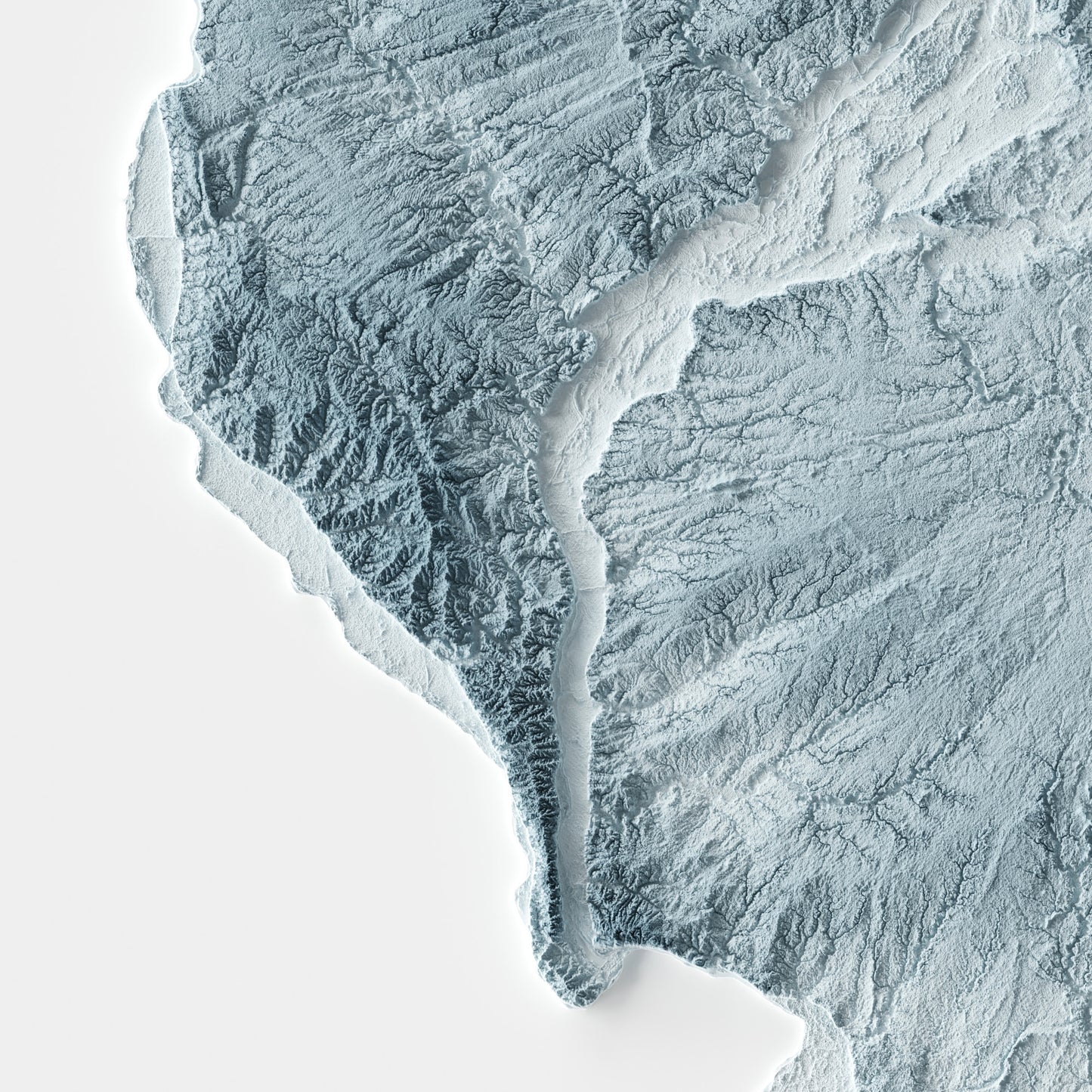 A minimalist relief map of the US State of Illinois in a frame made out of pine wood. Topographic map poster for travel and geography fans.