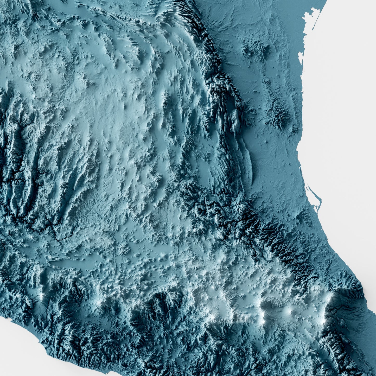 A minimalist relief map of Mexico in a frame made out of pine wood. Topographic map poster for travel and geography fans.
