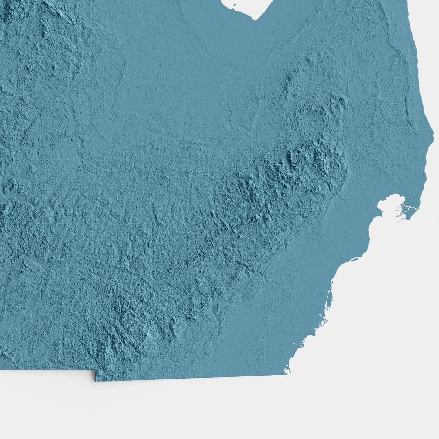 A minimalist relief map of the US State of Michigan in a frame made out of pine wood. Topographic map poster for travel and geography fans.