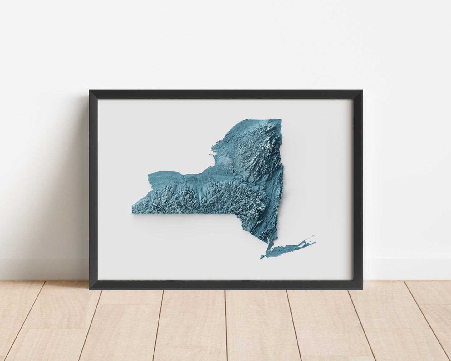 A minimalist relief map of the US State of New York in frame made out of pine wood. Topographic map poster for travel and geography fans.