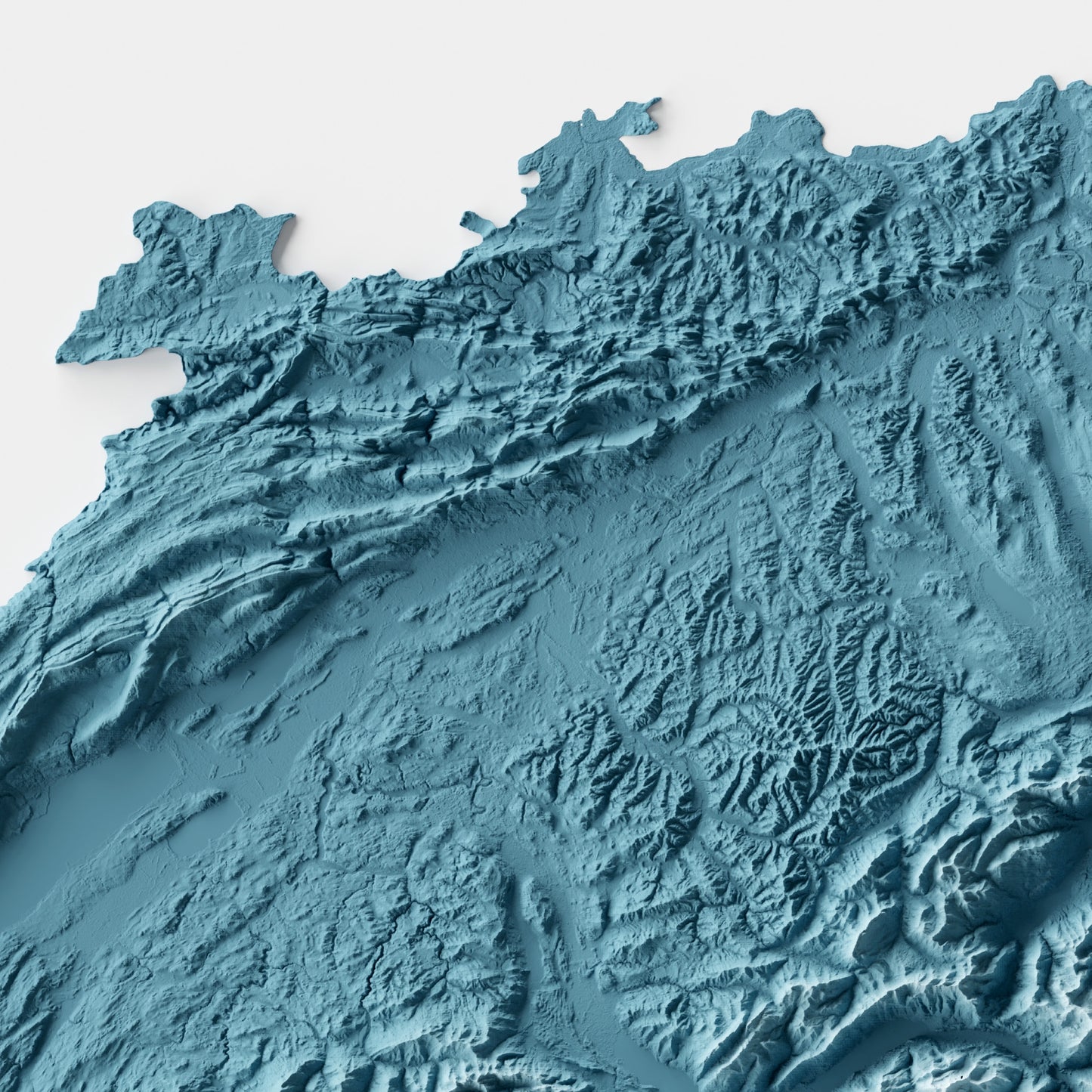 A minimalist relief map of Switzerland in a frame made out of pine wood. Topographic map poster for travel and geography fans.