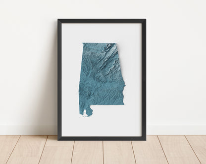 A minimalist relief map of the US State of Alabama in frame made out of pine wood. Topographic map poster for travel and geography fans.