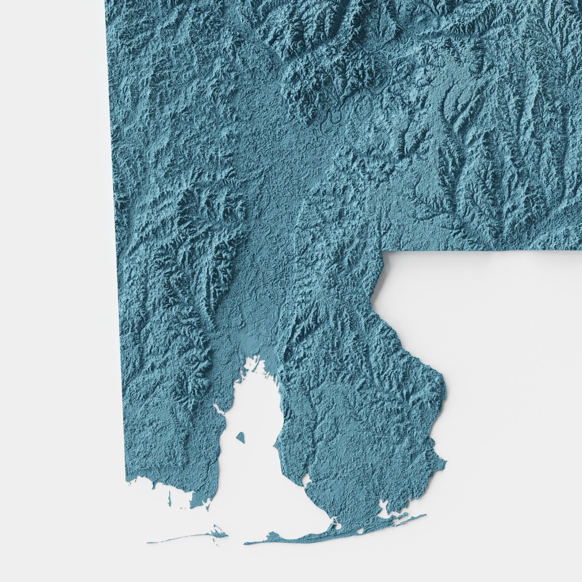 A minimalist relief map of the US State of Alabama in frame made out of pine wood. Topographic map poster for travel and geography fans.