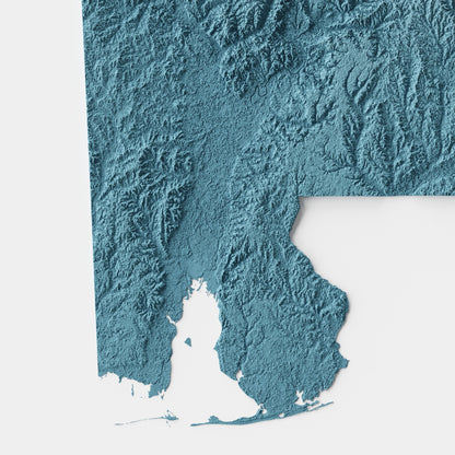 A minimalist relief map of the US State of Alabama in frame made out of pine wood. Topographic map poster for travel and geography fans.
