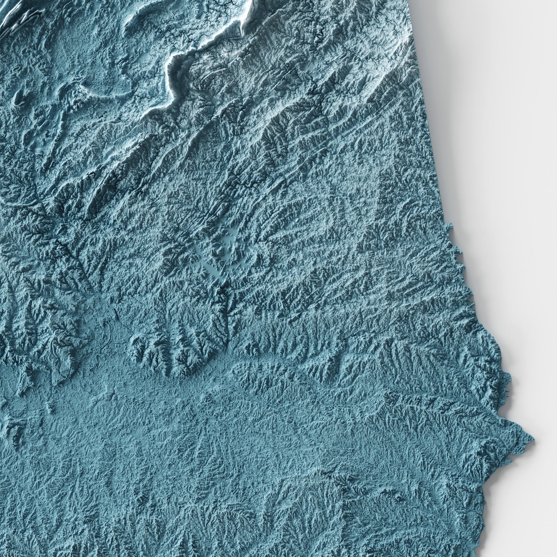 A minimalist relief map of the US State of Alabama in frame made out of pine wood. Topographic map poster for travel and geography fans.