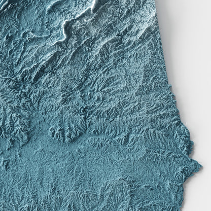 A minimalist relief map of the US State of Alabama in frame made out of pine wood. Topographic map poster for travel and geography fans.