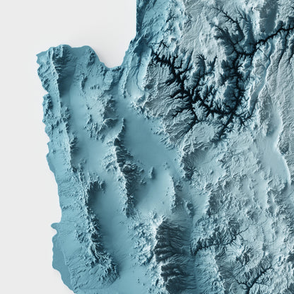 A minimalist relief map of the US State of Arizona in frame made out of pine wood. Topographic map poster for travel and geography fans.