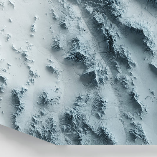 A minimalist relief map of the US State of Arizona in frame made out of pine wood. Topographic map poster for travel and geography fans.
