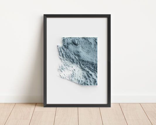 A minimalist relief map of the US State of Arizona in frame made out of pine wood. Topographic map poster for travel and geography fans.