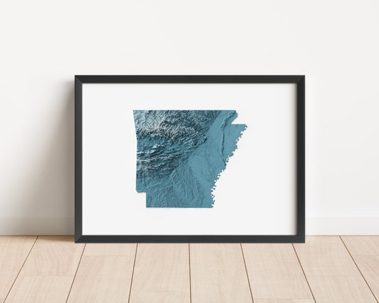 A minimalist relief map of the US State of Arkansas in frame made out of pine wood. Topographic map poster for travel and geography fans.