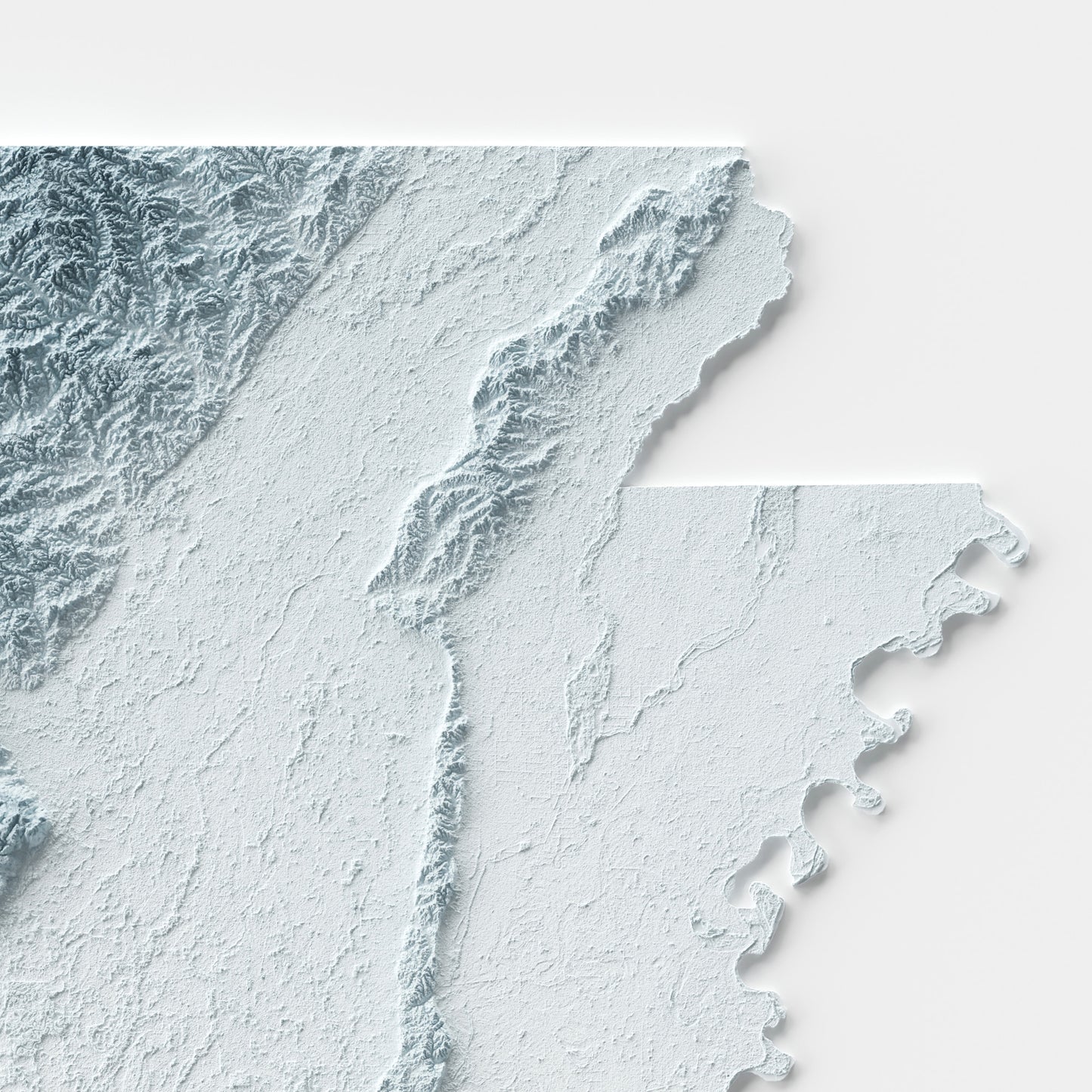 A minimalist relief map of the US State of Arkansas in frame made out of pine wood. Topographic map poster for travel and geography fans.