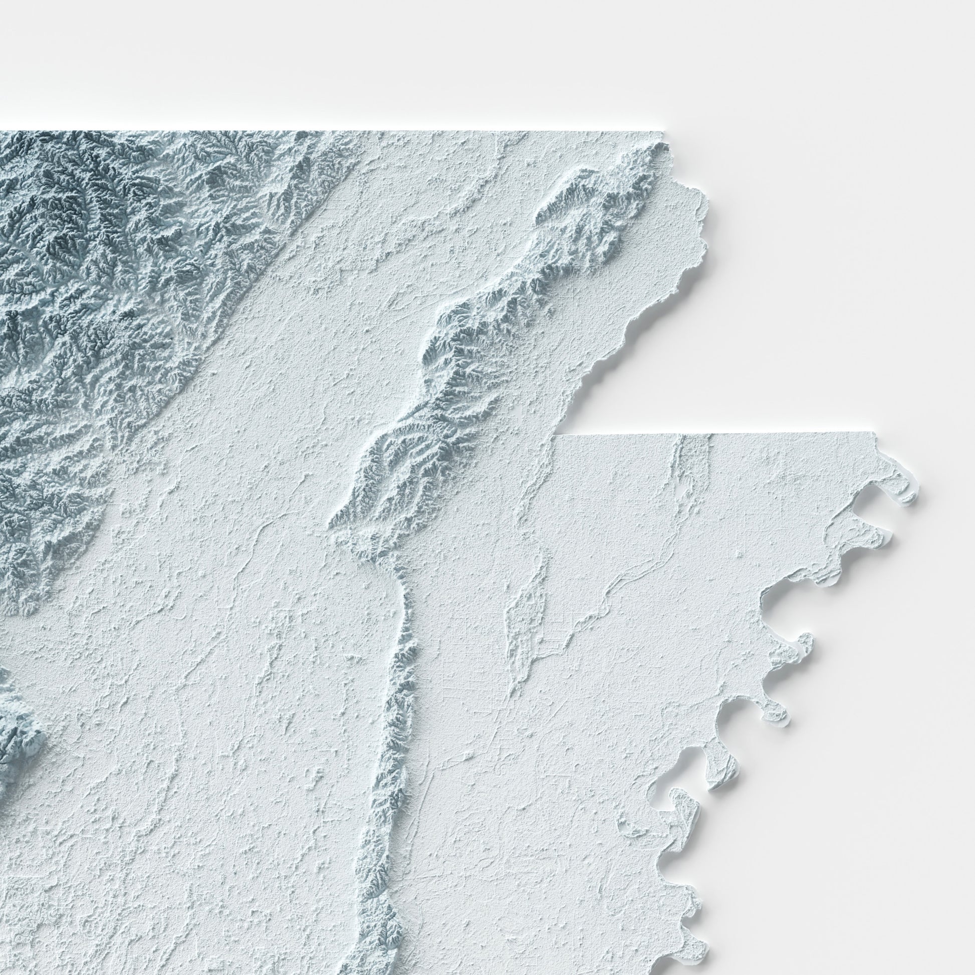 A minimalist relief map of the US State of Arkansas in frame made out of pine wood. Topographic map poster for travel and geography fans.