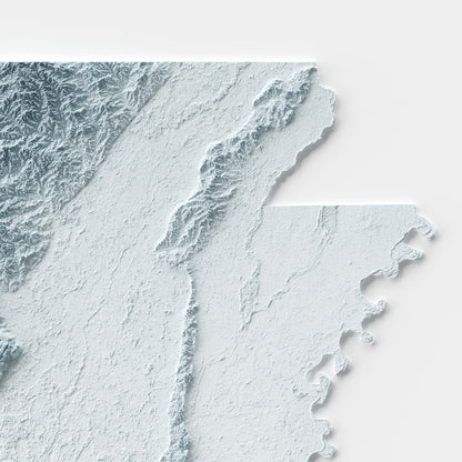 A minimalist relief map of the US State of Arkansas in frame made out of pine wood. Topographic map poster for travel and geography fans.
