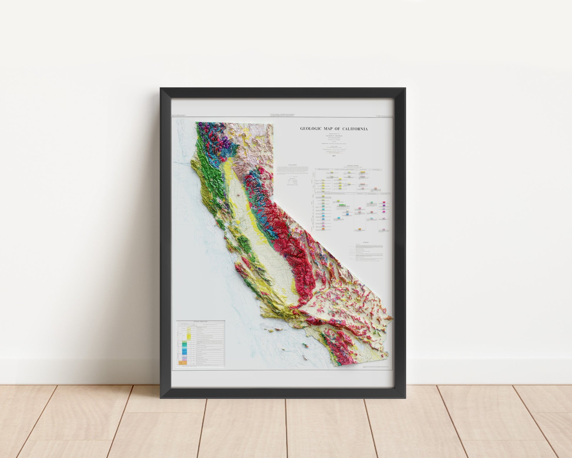 Vintage geological map print of California. Shaded relief map poster with topography. Wall art map decor.