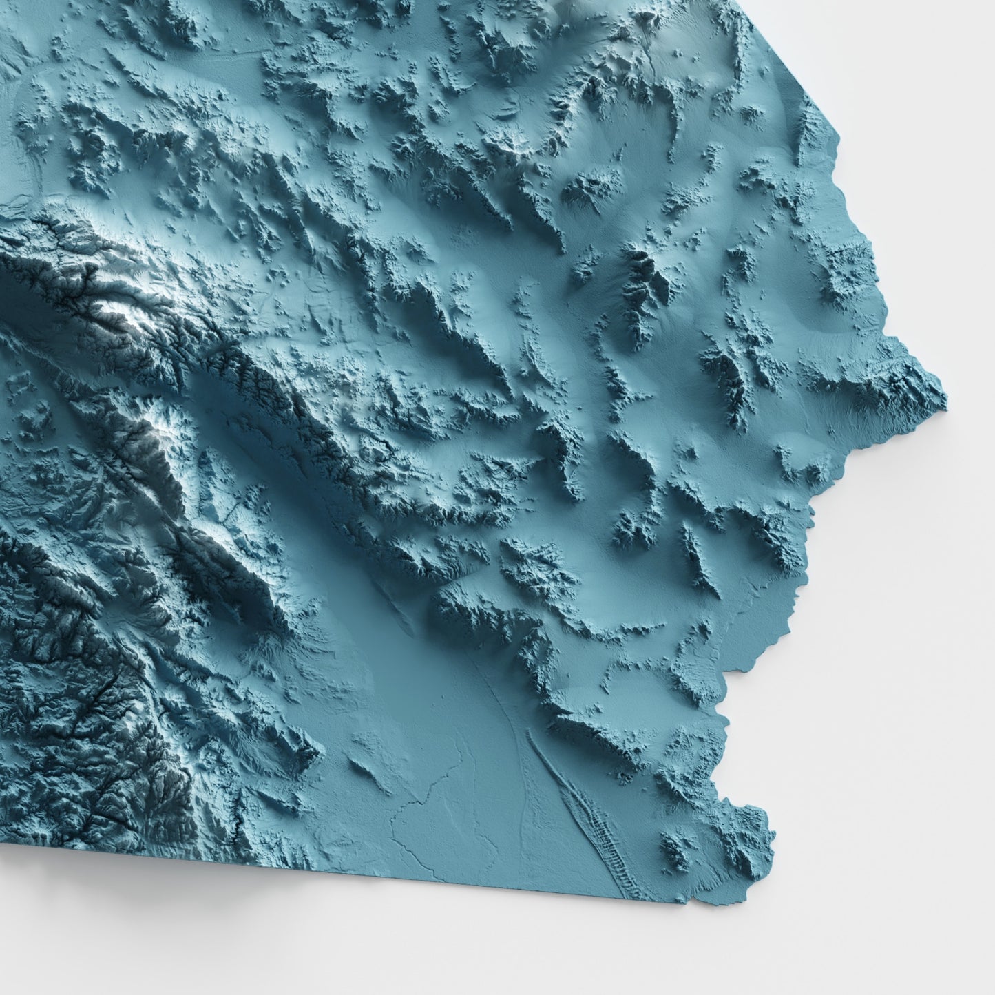 A minimalist relief map of the US State of California in frame made out of pine wood. Topographic map poster for travel and geography fans.