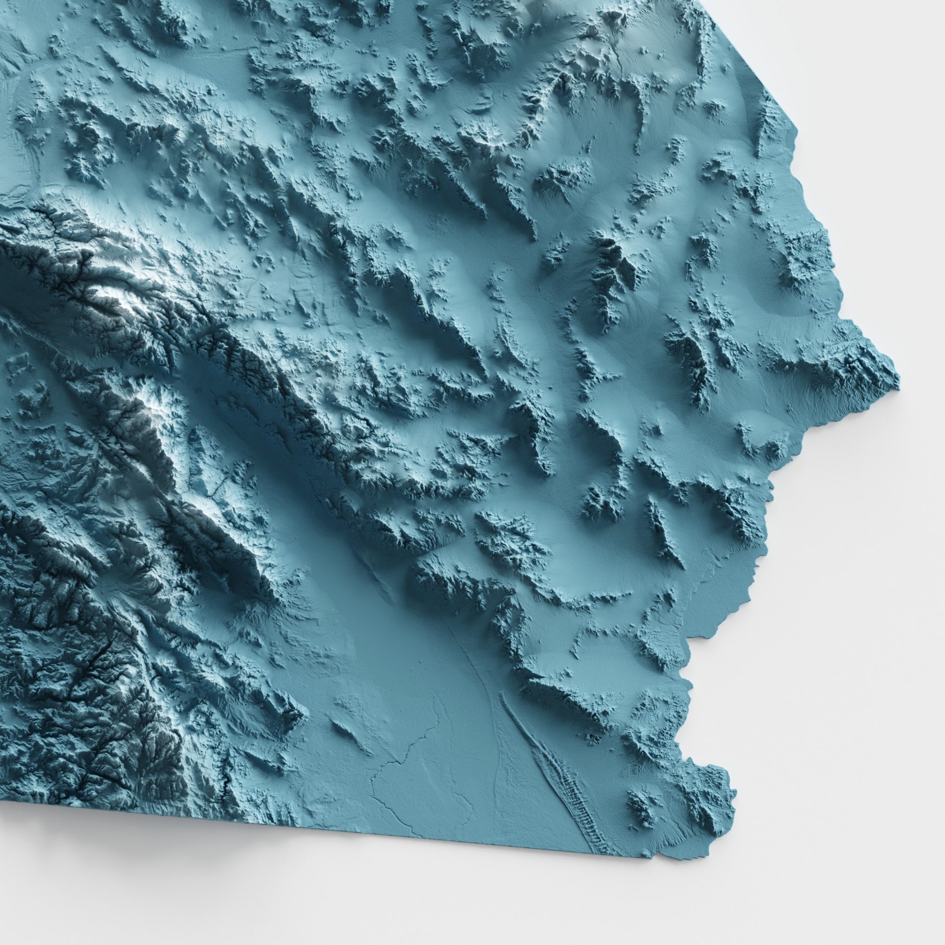 A minimalist relief map of the US State of California in frame made out of pine wood. Topographic map poster for travel and geography fans.