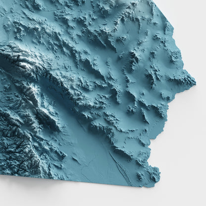 A minimalist relief map of the US State of California in frame made out of pine wood. Topographic map poster for travel and geography fans.