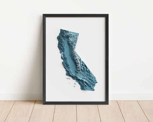 A minimalist relief map of the US State of California in frame made out of pine wood. Topographic map poster for travel and geography fans.