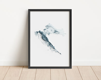 A minimalist relief map of Croatia in a frame made out of pine wood. Topographic map poster for travel and geography fans.