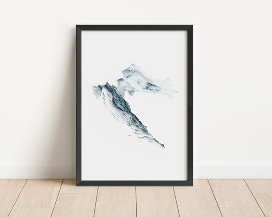 A minimalist relief map of Croatia in a frame made out of pine wood. Topographic map poster for travel and geography fans.