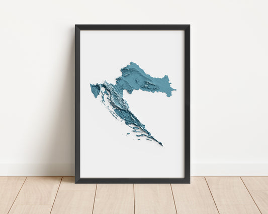 A minimalist relief map of Croatia in a frame made out of pine wood. Topographic map poster for travel and geography fans.
