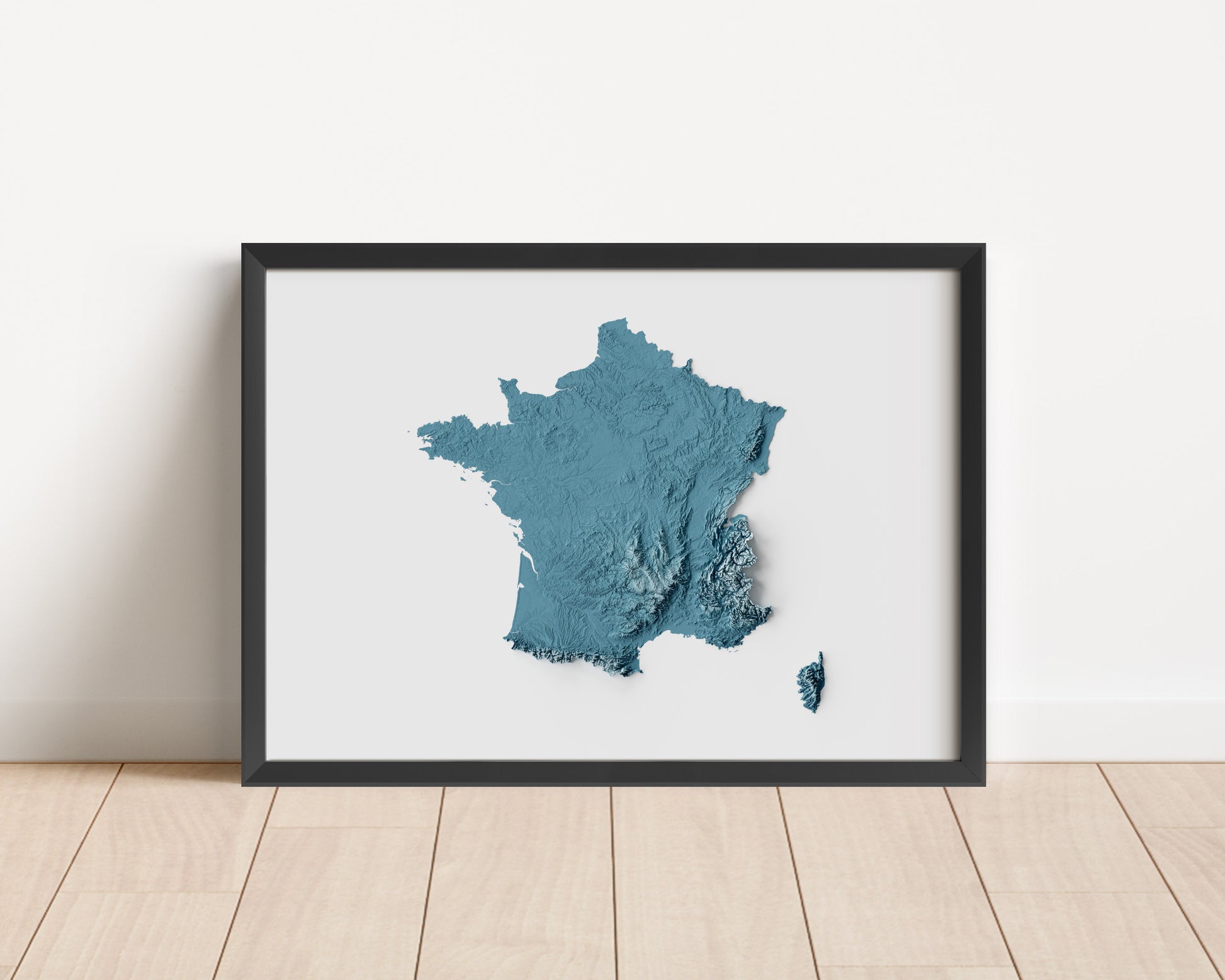 A minimalist relief map of France in a frame made out of pine wood. Topographic map poster for travel and geography fans.