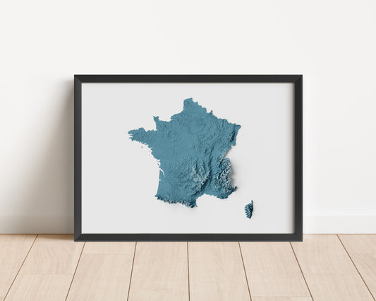 A minimalist relief map of France in a frame made out of pine wood. Topographic map poster for travel and geography fans.