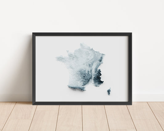 A minimalist relief map of France in a frame made out of pine wood. Topographic map poster for travel and geography fans.