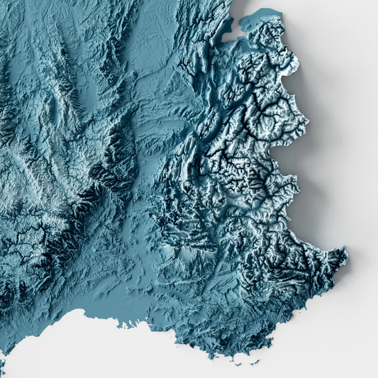 A minimalist relief map of France in a frame made out of pine wood. Topographic map poster for travel and geography fans.