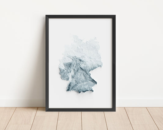 A minimalist relief map of Germany in a frame made out of pine wood. Topographic map poster for travel and geography fans.