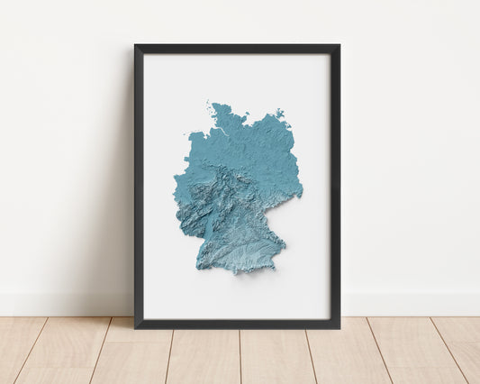 A minimalist relief map of Germany in a frame made out of pine wood. Topographic map poster for travel and geography fans.