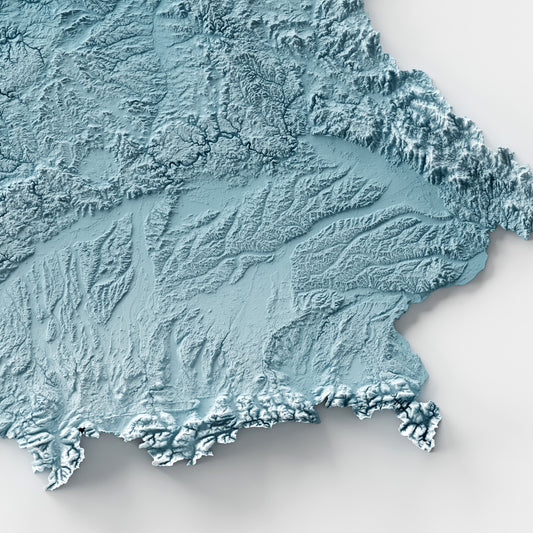A minimalist relief map of Germany in a frame made out of pine wood. Topographic map poster for travel and geography fans.