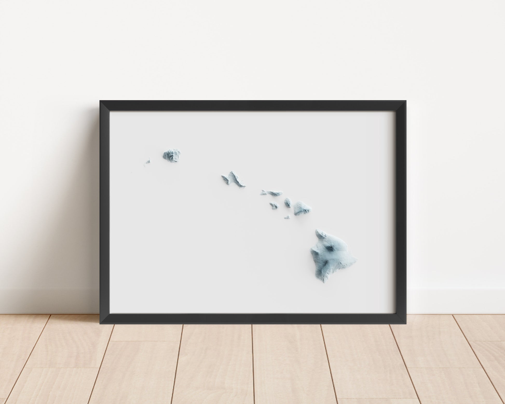 A minimalist relief map of the US State of Hawaii in frame made out of pine wood. Topographic map poster for travel and geography fans.