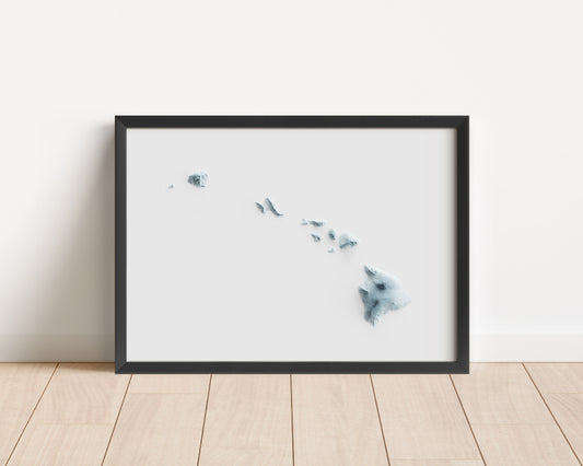 A minimalist relief map of the US State of Hawaii in frame made out of pine wood. Topographic map poster for travel and geography fans.