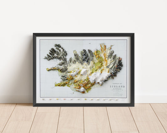 A framed map print of the geological makeup of Iceland. Based on a 1901 map by Icelandic geologist Þorvaldur Thoroddsen.