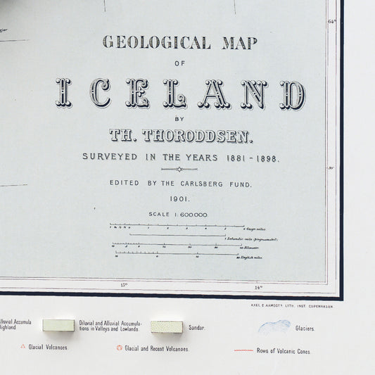 A framed map print of the geological makeup of Iceland. Based on a 1901 map by Icelandic geologist Þorvaldur Thoroddsen.