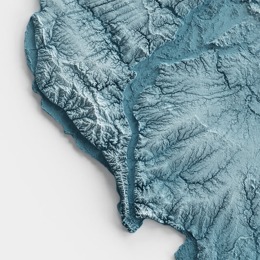 A minimalist relief map of the US State of Illinois in a frame made out of pine wood. Topographic map poster for travel and geography fans.