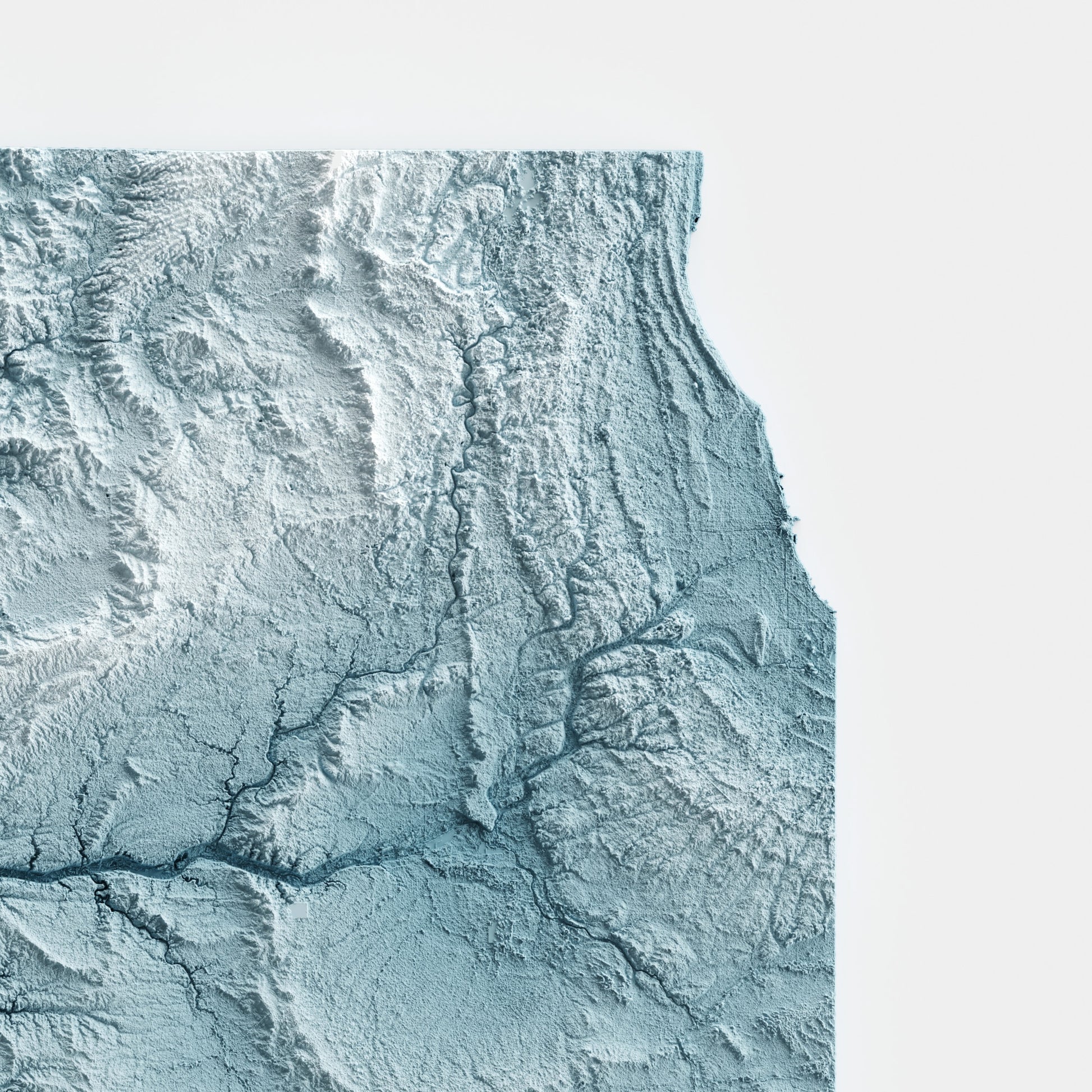 A minimalist relief map of the US State of Illinois in a frame made out of pine wood. Topographic map poster for travel and geography fans.