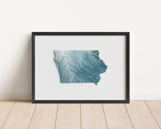 A minimalist relief map of the US State of Iowa in a frame made out of pine wood. Topographic map poster for travel and geography fans.