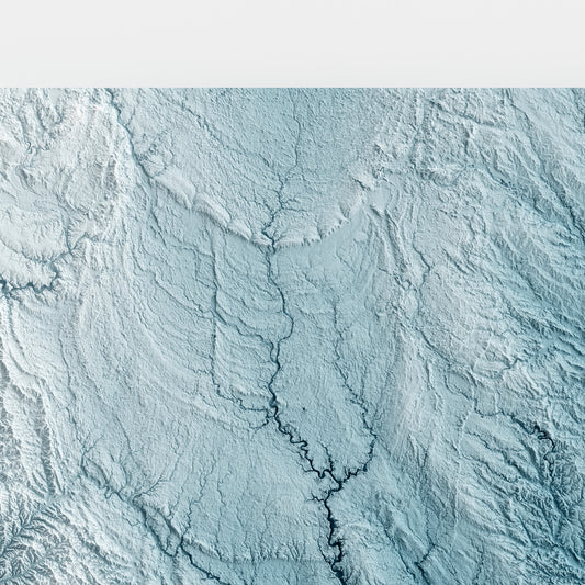 A minimalist relief map of the US State of Iowa in a frame made out of pine wood. Topographic map poster for travel and geography fans.