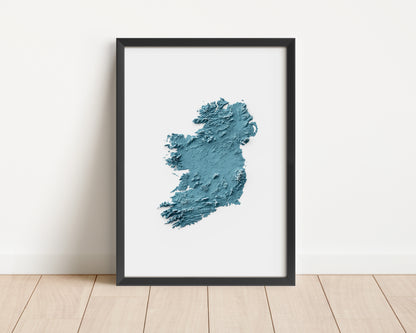 A minimalist relief map of Ireland in a frame made out of pine wood. Topographic map poster for travel and geography fans.