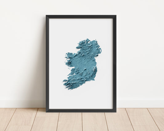A minimalist relief map of Ireland in a frame made out of pine wood. Topographic map poster for travel and geography fans.