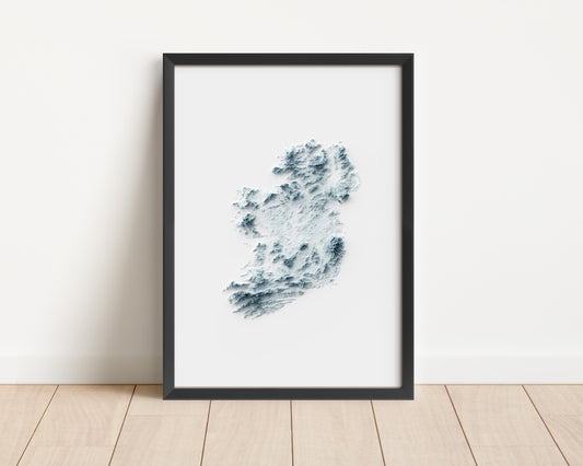 A minimalist relief map of Ireland in a frame made out of pine wood. Topographic map poster for travel and geography fans.