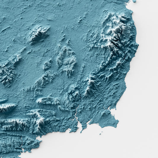 A minimalist relief map of Ireland in a frame made out of pine wood. Topographic map poster for travel and geography fans.