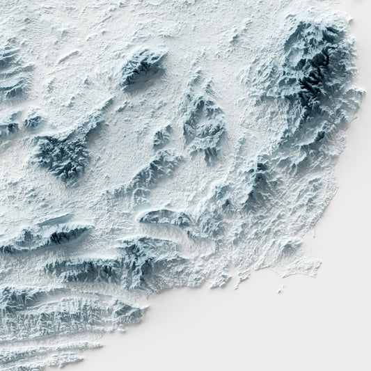 A minimalist relief map of Ireland in a frame made out of pine wood. Topographic map poster for travel and geography fans.